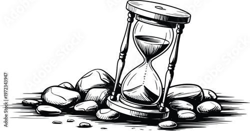 Antique hourglass resting on pile of stones depicting passage of time and symbol of ancient measurement for vintage and retro concepts.