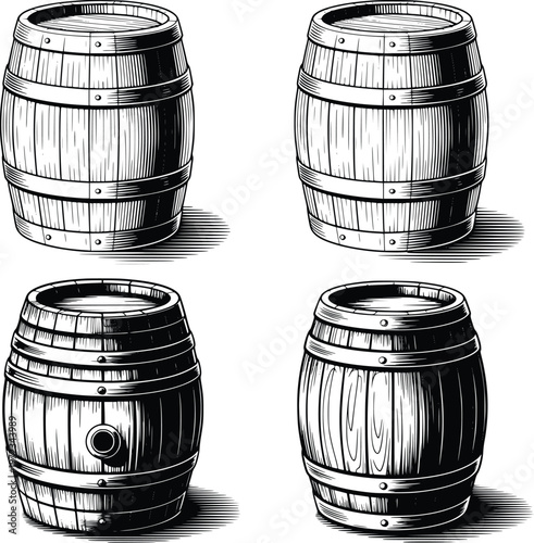 Antique wood barrel vector graphics featuring different angles and bung hole details for storage containers used in brewing or aging liquids with intricate wood grain and hoop shading.