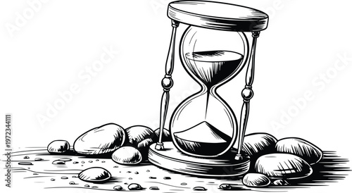 Engraving black and white graphic design drawing of an hourglass surrounded by smooth pebbles and water drops representing passing time.
