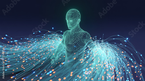 Glowing wireframe male silhouette standing amidst dynamic energy waves and fiber optic particles symbolizing data flow and human connectivity in digital world for information technology.