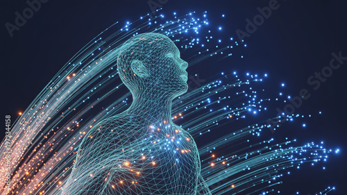 Holographic human profile with sparkling light trails representing consciousness and neural network activity in deep space environment for neuroscience and psychology visual concepts.