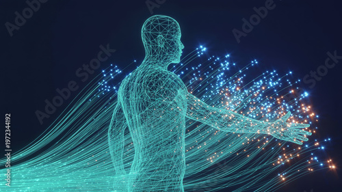 Human wireframe model reaching out towards glowing light particles representing touch and sensory perception in virtual environment for communication and interaction design illustration.