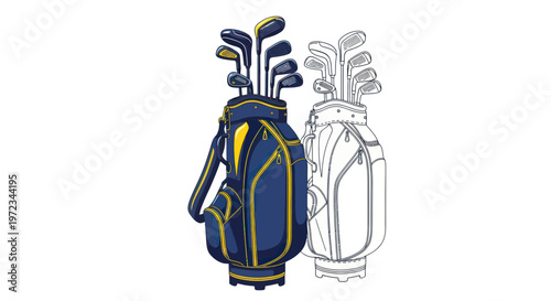 Golf Bag with Clubs: Full Color and Outline Sketch
