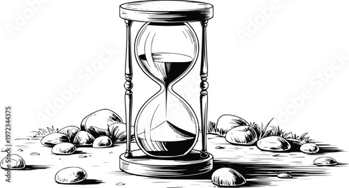 Vintage hourglass vector illustration featuring sand flowing through glass set against a stony landscape background with detailed crosshatch shading and classic wood frame construction.