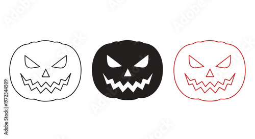 Three stylized jack o lantern faces in black white and red outline for Halloween celebration designs
