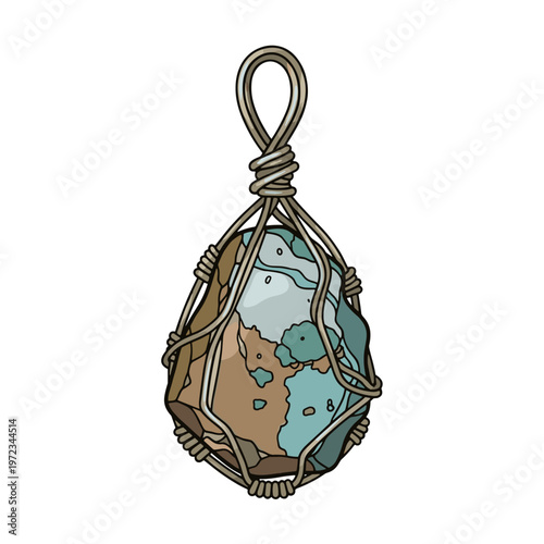 Artistic gemstone drop pendant wrapped in wire, isolated on a white background