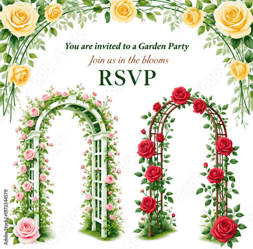 Generate a realistic kinds of deferent Garden arch with delicate roses, isolated watercolor for invitation or greeting cards, garden design with blossom plant. vector art with white background.