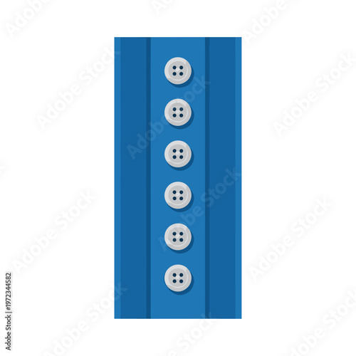 Vertical row of white buttons on blue placket isolated against white background, showcasing textile detail and fashion design