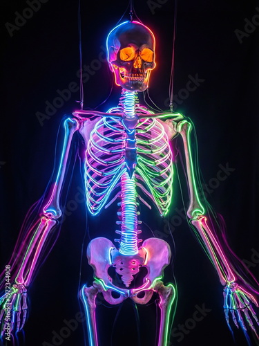 The skeleton figure glows neon on thin electric threads.
