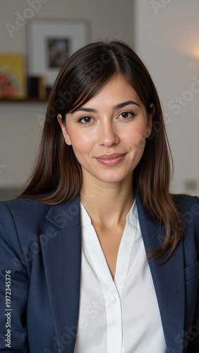 A young female executive wearing a business suit, standing in an office environment. She has a friendly smile on her face.