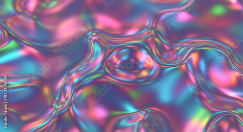 Bild auf Leinwand Vibrant iridescent background with wavy holographic patterns in shades of pink b