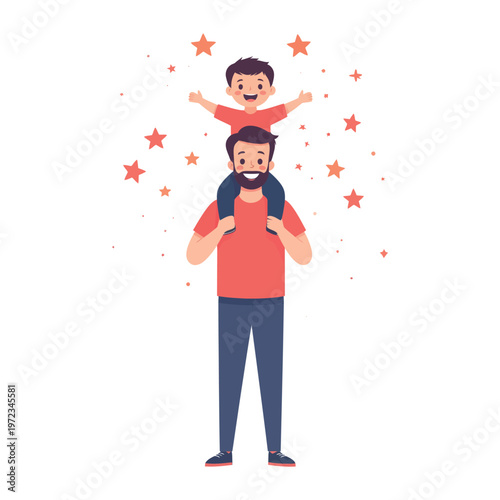Happy Dad Carrying Child On Shoulders Fun Parenting Vector Illustration Isolated