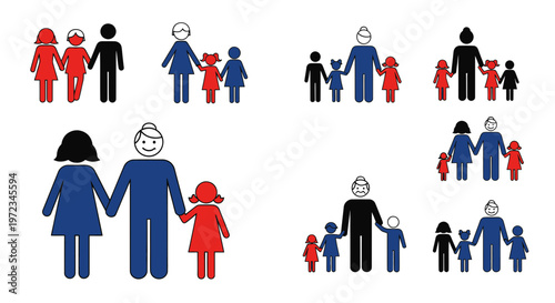 Diverse family unit icons: parents, children, grandparents, single parent