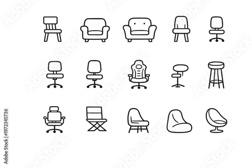 Chair Icons Set – Minimal Line Vector Collection of Furniture and Seating Elements