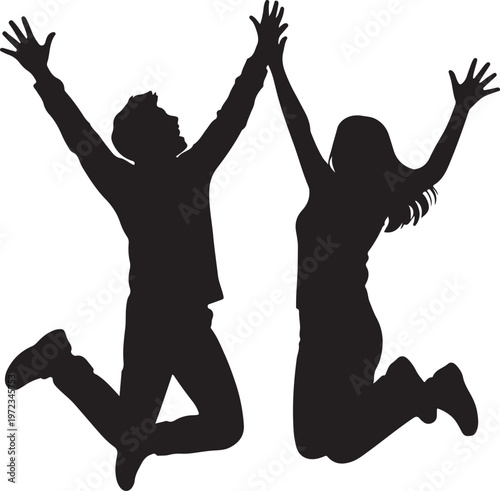 Silhouette of two best friends jumping in the air with arms raised
