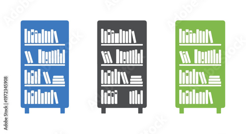 Three colorful bookshelves filled with books in blue, black, and green, representing knowledge and learning