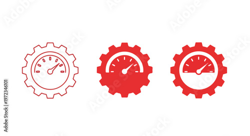 Three stylized icons representing speedometers within gears, showing progress and performance metrics in red