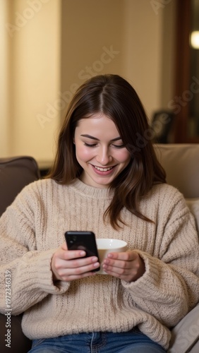 Woman in cozy setting, holding phone and coffee, smiling at it.