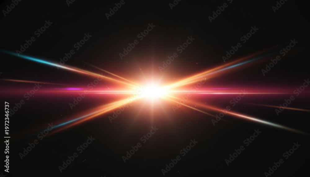 Obraz premium Vibrant light beam with colorful rays on a dark background, creating a stunning visual effect with bright starburst