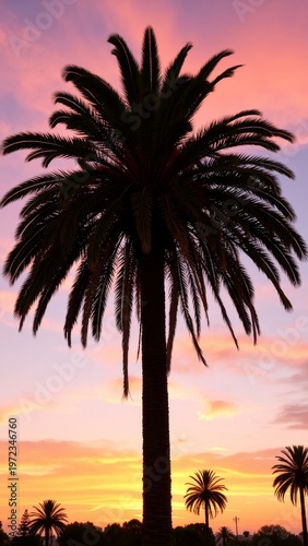 Palm trees against sunset sky with hues of orange and purple.