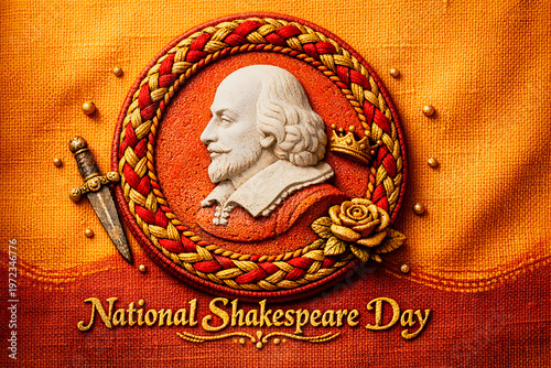 A graphic illustration celebrating National Shakespeare Day with a portrait of the famous playwright