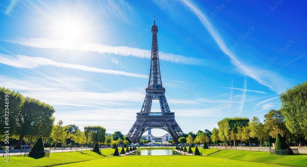 Obraz premium The eiffel tower stands tall against a bright blue sky in paris