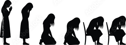 woman depression stages silhouette sequence mental health struggle sadness anxiety emotional distress concept psychology illustration human posture decline isolated black figure set