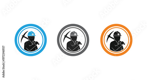 Silhouette of a miner with a pickaxe over his shoulder inside circular frames in blue, gray, and orange colors