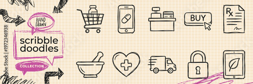 Black ink scribble minimalist animal pet wildlife icon set hand drawn doodle dog cat bird illustrations on pure white background