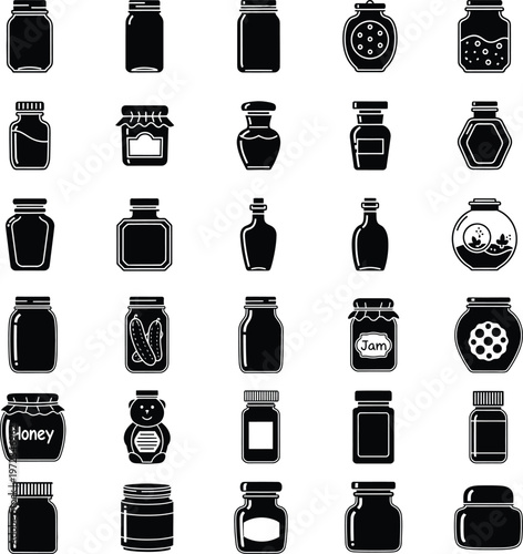 Collection of 25 glass jar and bottle icons, for preserves, drinks, and honey, some with labels