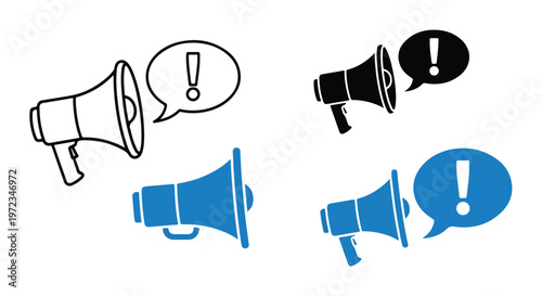 Two different megaphone icons with speech bubbles containing exclamation marks, representing announcements and alerts