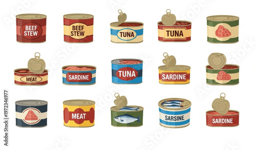 Canned meat and fish vector set with tuna beef stew camping food containers