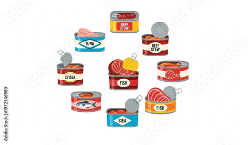 Camping canned food icon collection with tuna fish and beef stew vector illustration