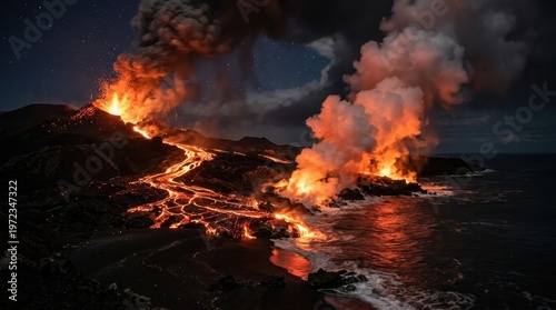 A dramatic volcano eruption scene at night on a remote island, rivers of molten orange lava flowing toward a black sand coastline and meeting the ocean in explosive steam columns