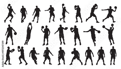 Basketball Players Silhouettes Vector Set: Dribble, Shoot, Jump Actions