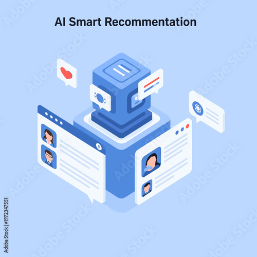 Isometric illustration of an AI smart recommendation system processing user data and delivering personalized content on web interfaces.