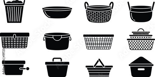 Variety of black silhouette icons featuring baskets and containers with picnic basket