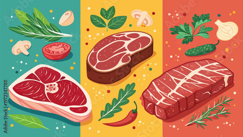 Steak and meat cuts with herbs and vegetables on colorful backgrounds for culinary designs