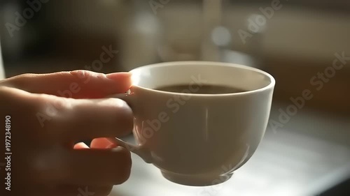 Hand Holding White Coffee Cup Closeup.