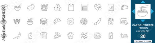 Carbohydrate foods line icon set featuring bread, rice, grain, pasta, potato, cereal, and starch. Professional editable vector illustration