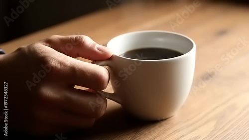 Hand holding white coffee cup table.