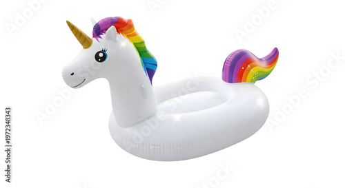 A white inflatable unicorn pool float with a rainbow mane and tail against a black background