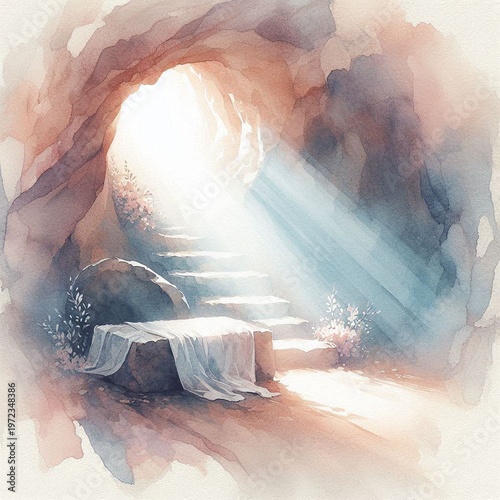 watercolor illustration of the resurrection of christ with light