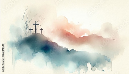 abstract religious scene of empty tomb and rising sun
