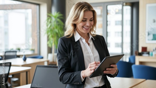 Professional woman wearing business casual clothes, holding a tablet in an office workspace.