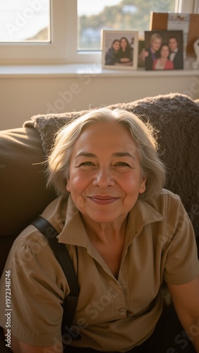An older woman with gray hair sitting on a couch, posing for a portrait in front of an indoor window. The sun is shining through, creating a warm atmosphere.