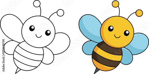 Hand drawn cute bee coloring book for children with colorful guide, friendly bumblebee character design, educational activity, cad drawing flat vector illustration