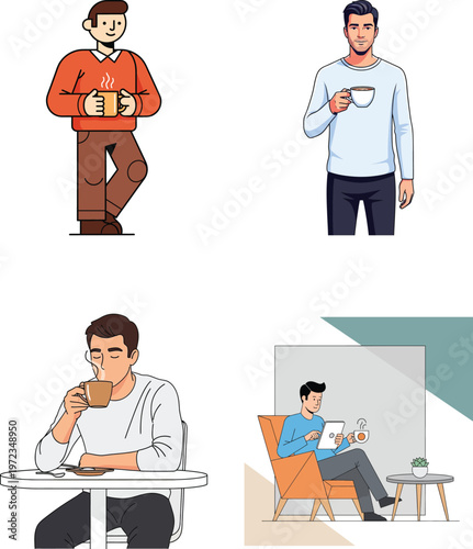 Man in jacket walking with coffee cup on city street casually