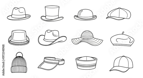 Illustration of various hats and headwear on display