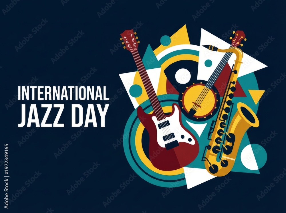Obraz premium International Jazz Day Colorful Instrument Celebration Poster.